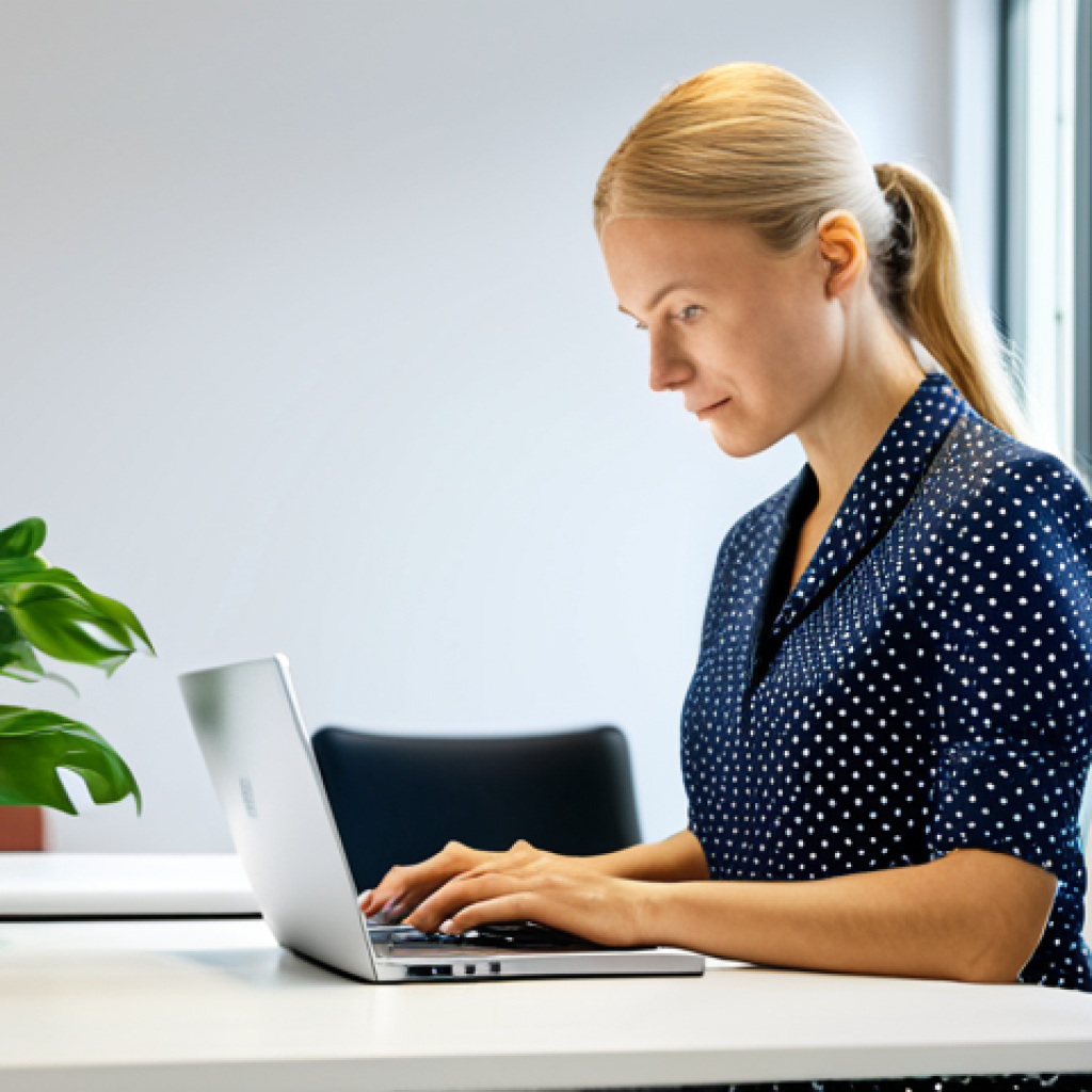 가치중심 기술 선택을 위한 체크리스트 - Sustainable Office Tech**
"A bright, modern Swedish office. A woman in professional dress uses a s...