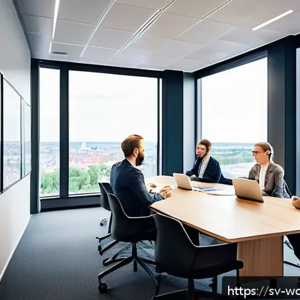 가치중심 기술 선정 시 피해야 할 오류 - A modern Scandinavian office scene depicting a diverse team of business professionals engaged in a d...