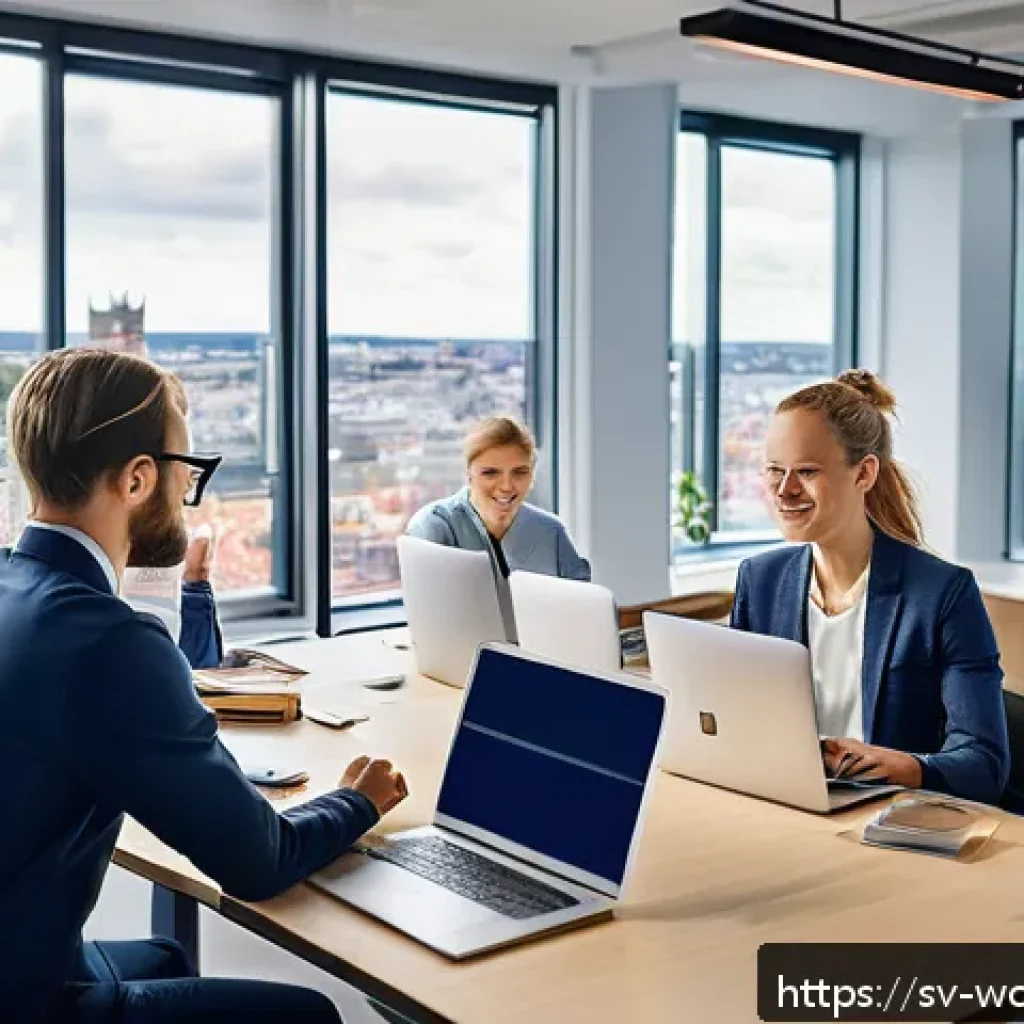가치중심 기술 선택의 법적 측면 - A modern Swedish office environment showcasing a diverse group of employees collaboratively discussi...