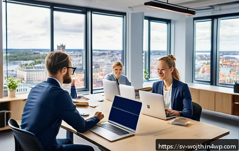 가치중심 기술 선택의 법적 측면 - A modern Swedish office environment showcasing a diverse group of employees collaboratively discussi...