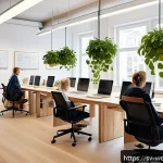 Home 22 가치중심 기술의 다각화 전략 - A modern Scandinavian office environment with a diverse team of professionals engaged in an ethical ...