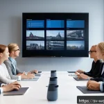 Home 21 가치중심 기술 선택과 비용 관리 - A modern office meeting room in Stockholm with a diverse group of professionals gathered around a ta...