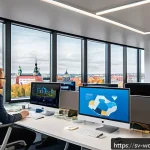 Home 18 가치중심 기술의 성과 지표 설정 - A modern Scandinavian office environment with a diverse team of professionals analyzing real-time da...