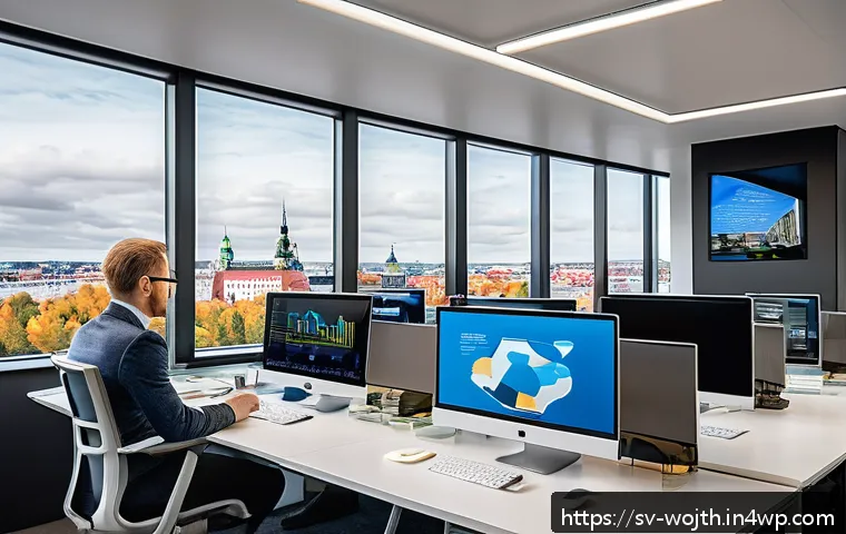 가치중심 기술의 성과 지표 설정 - A modern Scandinavian office environment with a diverse team of professionals analyzing real-time da...