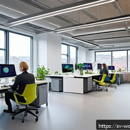 Home 17 가치중심 기술 선택과 비즈니스 모델 혁신 - A modern Swedish office environment showcasing sustainable technology integration: employees collabo...