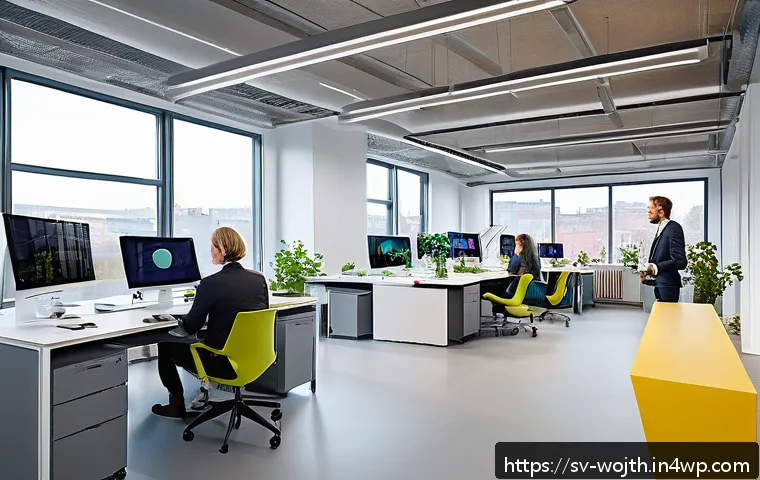 가치중심 기술 선택과 비즈니스 모델 혁신 - A modern Swedish office environment showcasing sustainable technology integration: employees collabo...
